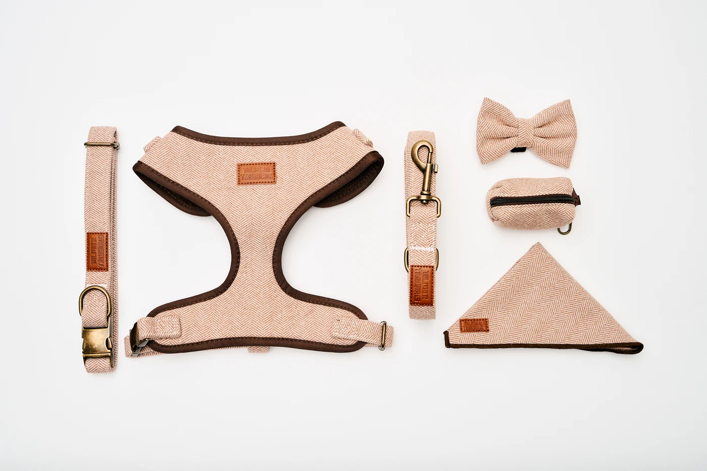 All six pieces of the brown tweed walking set